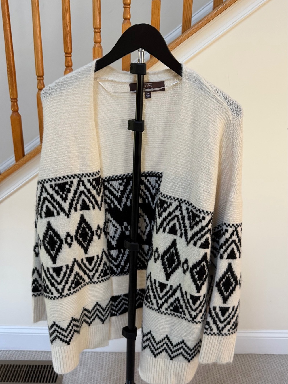 Open-Front Cream & Black Geometric Knit Cardigan